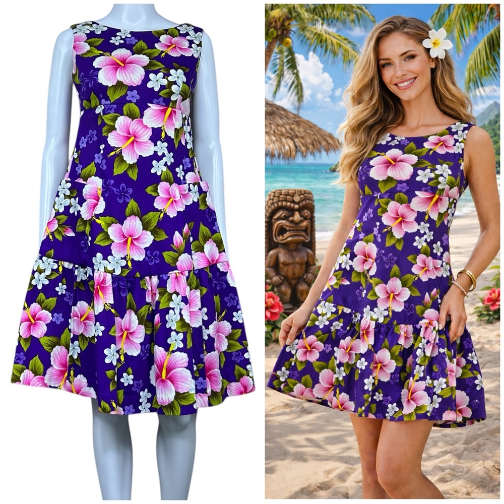 VTG Ui Maikai Hawaiian Hibiscus Floral Babydoll A-Line Dress Size XS Tropical